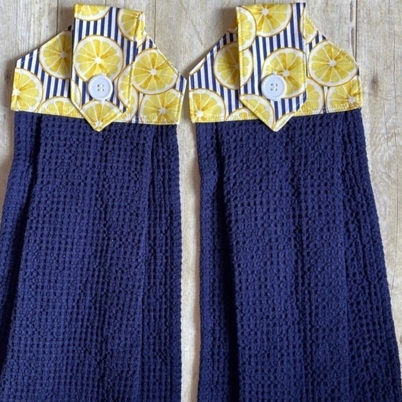 Lemons Button-Top Sewn Kitchen Hanging Towels Set of Two Dark Blue Bottom - Picture 1 of 6